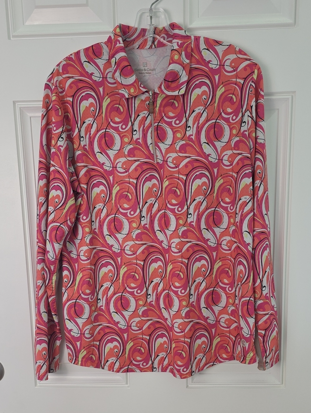 Bette & Court Swirl Long-Sleeve Zip Polo in Pink and Orange. Size Large